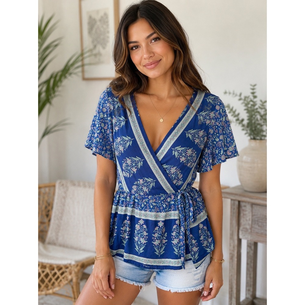 Blue Rain Boho Wrap Peplum Top Medium Blue Floral Rayon Tie Waist Flutter Sleeve